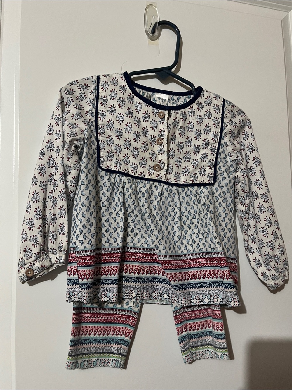 Girls' Long-Sleeve Printed Tunic Top in White with Navy Trim